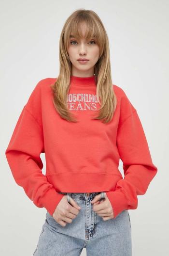 Bavlněná mikina Moschino Jeans dámská, červená barva, s aplikací