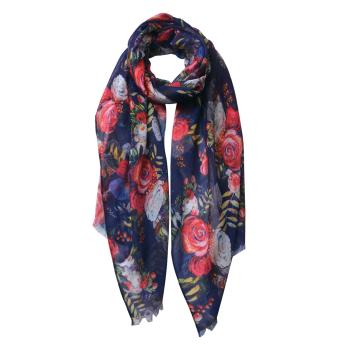 Modrý šátek s barevnými květy - 70*180 cm MLSC0437BL
