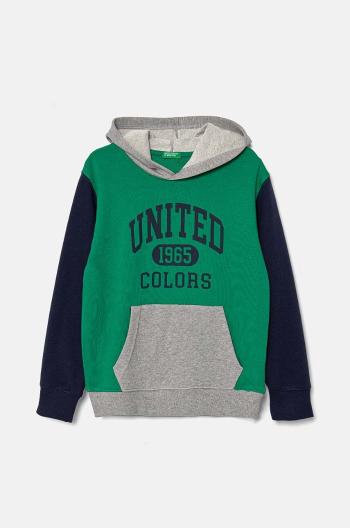 Dětská bavlněná mikina United Colors of Benetton zelená barva, s kapucí, vzorovaná, 3J68C203N