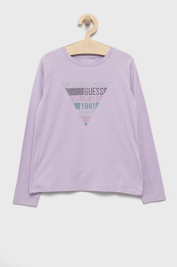 Dětské tričko s dlouhým rukávem Guess fialová barva