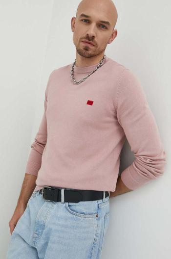 Bavlněný svetr HUGO pánský, růžová barva, lehký