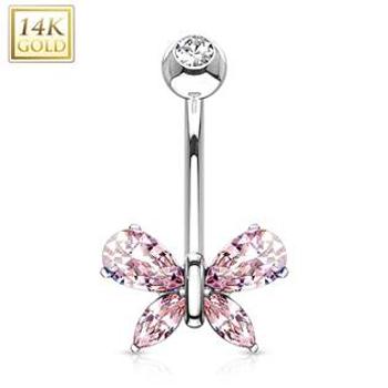 Šperky4U Zlatý piercing do pupíku - motýlek s růžovými zirkony, Au 585/1000 - ZL01171P-WG