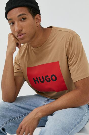 Bavlněné tričko HUGO hnědá barva, s potiskem