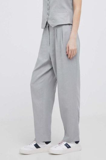 Plátěné kalhoty Dkny šedá barva, přiléhavé, high waist