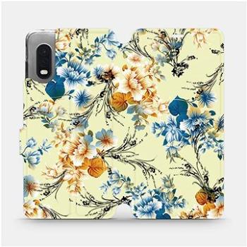 Flipové pouzdro na mobil Samsung Xcover PRO - MX05S Modré a oranžové květy na žlutém pozadí (5903516239979)