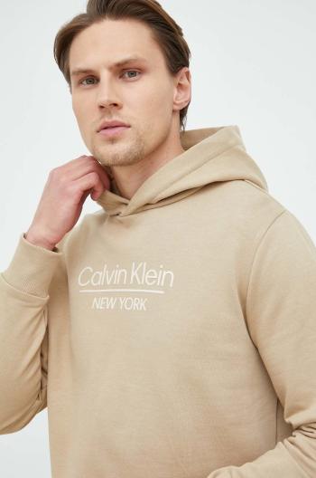 Bavlněná mikina Calvin Klein pánská, béžová barva, s kapucí, vzorovaná