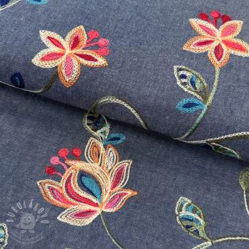 Bavlněná látka JEANS EMBROIDERY Meadow border indigo