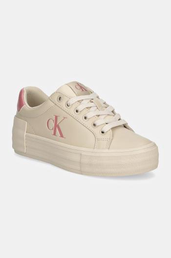 Kožené sneakers boty Calvin Klein Jeans VULC FLATFORM LOW MG LTH béžová barva, YW0YW01613