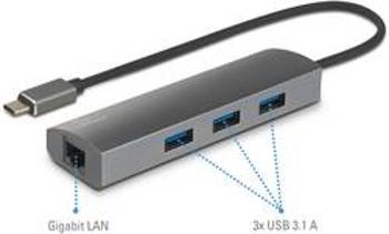 USB 3.1 hub (Gen 2) Renkforce 3 + 1 port, s vestavěnou síťovou přípojkou, s hliníkovým krytem, 35 mm, stříbrná