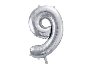 PartyDeco Fóliový balónek narozeninové číslo 9 stříbrný 86cm