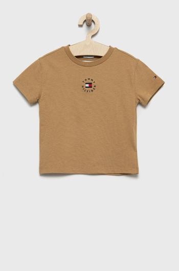 Dětské bavlněné tričko Tommy Hilfiger béžová barva, hladký