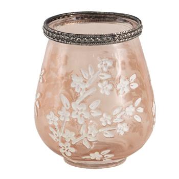 Béžovo-hnědý skleněný svícen na čajovou svíčku s květy Teane  - Ø 9*11 cm 6GL3506