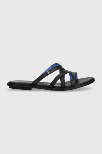 Kožené pantofle Tommy Hilfiger TH STRAP FLAT SANDAL dámské, černá barva, FW0FW08067