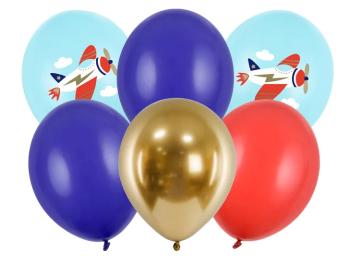 PartyDeco Sada latexových balónů - Letadlo pastelové modré 6 ks
