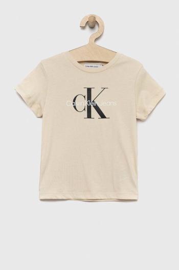 Dětské bavlněné tričko Calvin Klein Jeans béžová barva, s potiskem