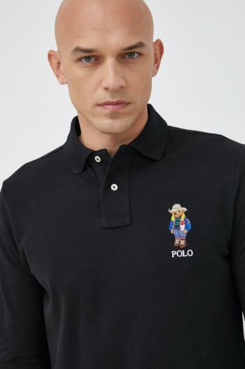 Bavlněné tričko s dlouhým rukávem Polo Ralph Lauren černá barva, s aplikací