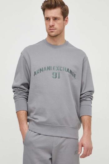 Bavlněná mikina Armani Exchange pánská, šedá barva, s aplikací, 3DZMLK ZJ4XZ