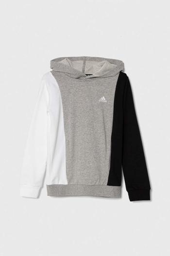 Dětská mikina adidas šedá barva, s kapucí, vzorovaná