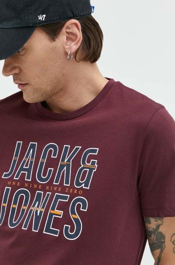 bavlněné tričko Jack & Jones , vínová barva, s potiskem