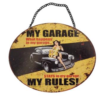 Závěsná žlutá kovová cedule My Garage My Rules - 25*20 cm 8PL-84182253333