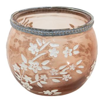 Béžovo-hnědý skleněný svícen na čajovou svíčku s květy Teane  - Ø10*8 cm 6GL3504