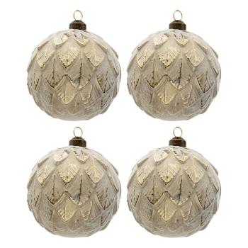 Šedo-zlaté vánoční koule s  lístky (sada 4ks) - Ø 10cm 6GL3300