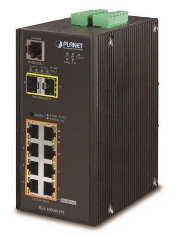 PLANET IGS-10020HPT Průmyslový Switch 8x 10/100/1000 PoE+ (270W) + 2x 100/1000 SFP, Management, -40 +75°C, 12-48VDC, IGS-10020HPT