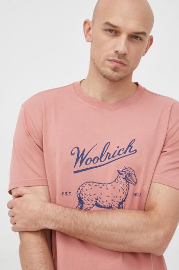 Bavlněné tričko Woolrich růžová barva, s potiskem