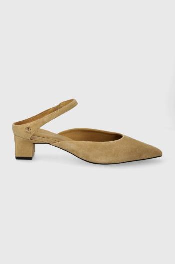 Semišové lodičky Tommy Hilfiger TH POINTY MID HEEL LEATHER MULE béžová barva, na podpatku, s odkrytou patou, FW0FW07718