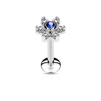 Šperky4U Piercing do brady - labreta kytička, modrý/čiré kamínky - LB1075-1206