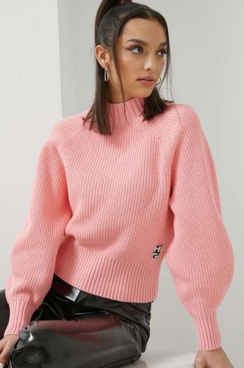 Bavlněný svetr HUGO dámský, růžová barva, s pologolfem