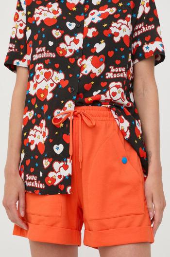 Bavlněné šortky Love Moschino dámské, oranžová barva, s aplikací, high waist