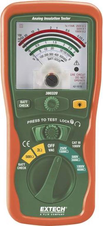 Tester izolací Extech 380320, 1000/250/500 V, 0 - 400 MΩ, CAT III 1000 V, Kalibrováno dle (DAkkS)