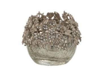Skleněný svicen na čajovou svíčku se stříbrným zdobením a kamínky Luxy - Ø  8*8cm 7780