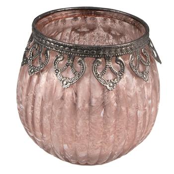 Růžový skleněný svícen na čajovou svíčku se zdobným okrajem - Ø 11*10 cm 6GL3987
