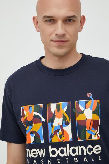 Bavlněné tričko New Balance tmavomodrá barva, s potiskem