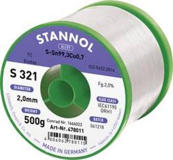 Bezolovnatý pájecí cín Stannol S321 2,0% 2,0MM SN99,3CU0,7CD 500G, bez olova, cívka, 500 g, 2 mm