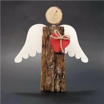 AMADEA Dřevěný anděl s kůrou s bílými křídly a čeveným srdcem, masivní dřevo, 16x14,5x3 cm (35640-00)