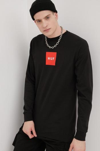Bavlněné tričko s dlouhým rukávem HUF černá barva, s potiskem