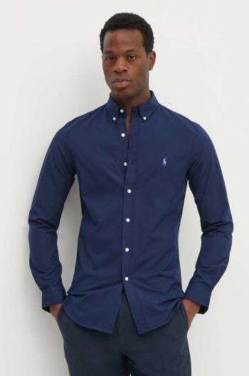 Košile Polo Ralph Lauren pánská, tmavomodrá barva, slim, s límečkem button-down