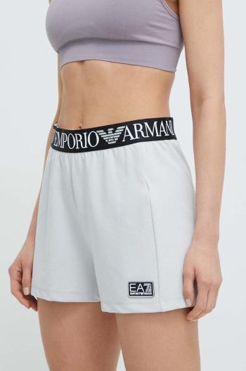 Kraťasy EA7 Emporio Armani dámské, šedá barva, s potiskem, high waist