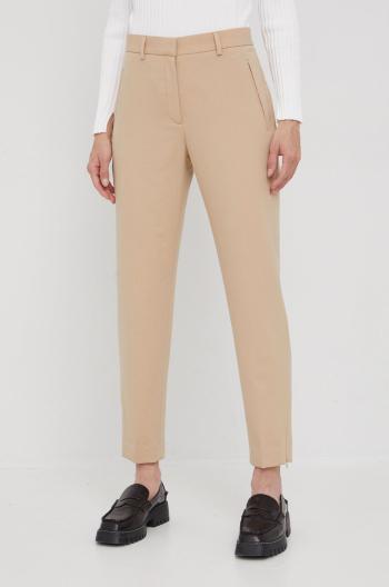 Kalhoty se směsi vlny Calvin Klein dámské, béžová barva, jednoduché, high waist