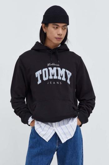 Bavlněná mikina Tommy Jeans pánská, černá barva, s kapucí, s aplikací, DM0DM18401