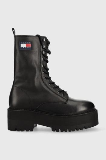 Kožené workery Tommy Jeans Tommy Jeans Flatform Padded Boot dámské, černá barva, na platformě