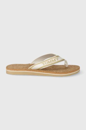 Žabky Tommy Hilfiger HILFIGER CORK BEACH SANDAL dámské, béžová barva, na plochém podpatku, FW0FW07904