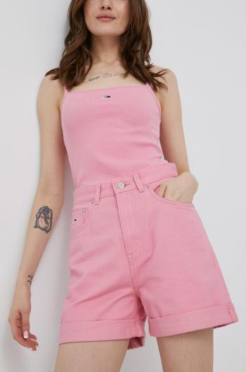 Džínové šortky Tommy Jeans dámské, růžová barva, hladké, high waist