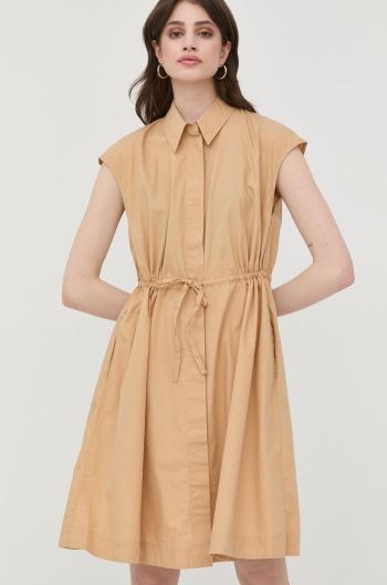 Bavlněné šaty BOSS béžová barva, mini