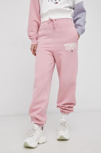 Kalhoty Tommy Jeans dámské, růžová barva, s aplikací