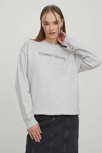 Bavlněná mikina Tommy Jeans dámská, šedá barva, s potiskem, DW0DW17327