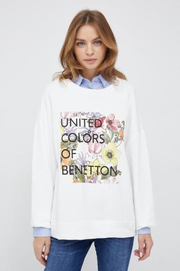 Bavlněná mikina United Colors of Benetton dámská, bílá barva, s potiskem
